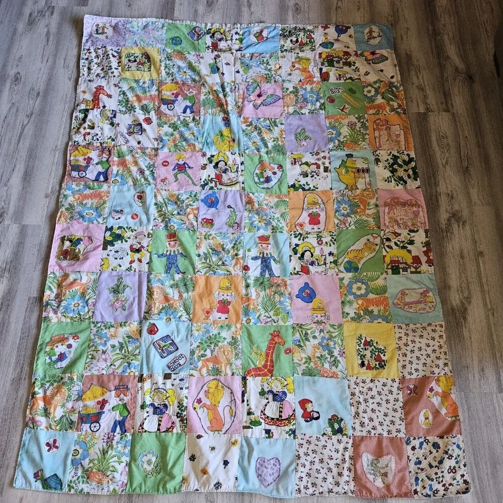 Vtg Handmade Blanket Boho Quilt Colorful Coverlet 62x83 70s 80s Fairy Tales
